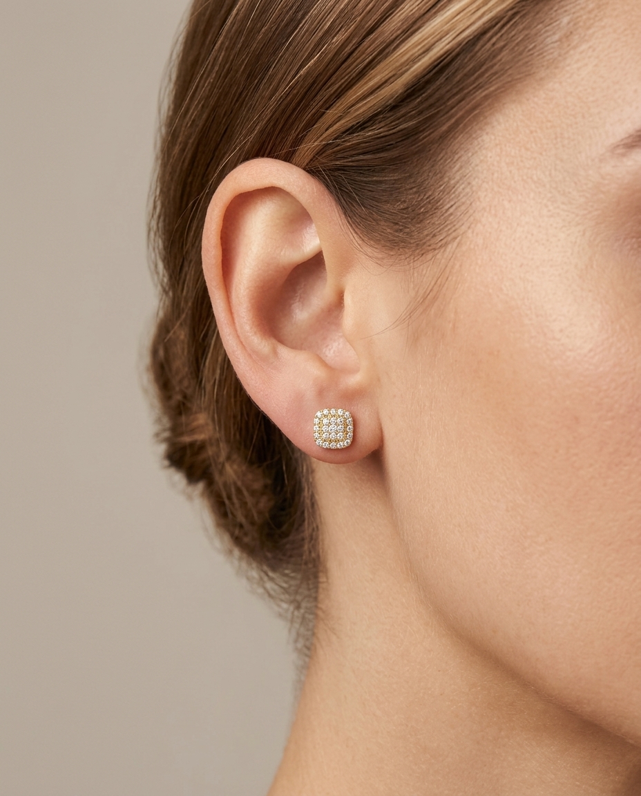 14KT Gold Diamond Square Ear Studs view 2
