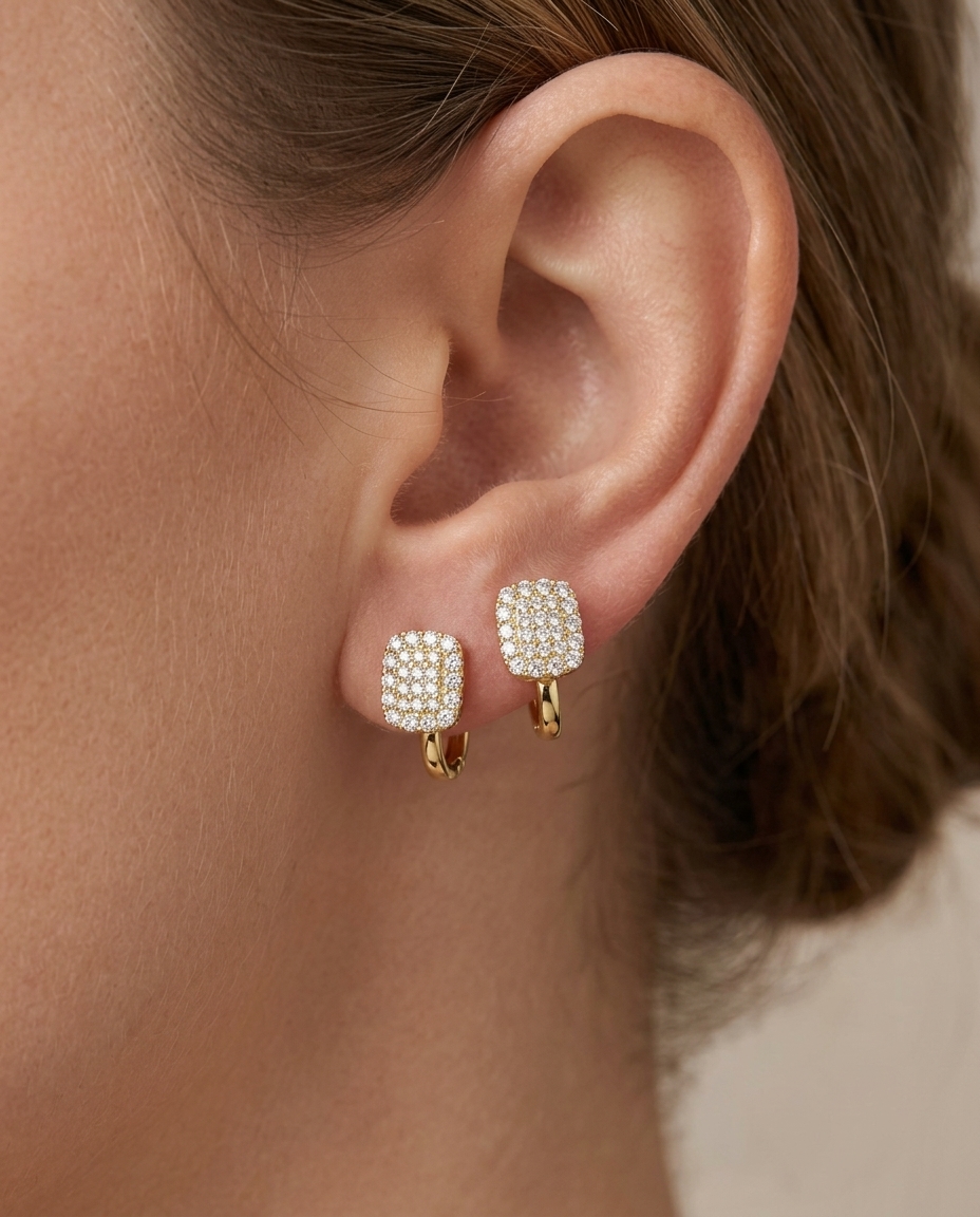 14KT Gold Diamond Rectangle Ear Studs view 2