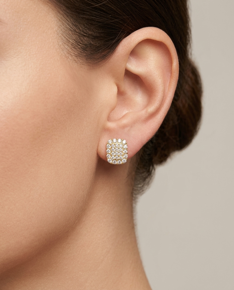 14KT Gold Diamond Rectangle Ear Studs view 2
