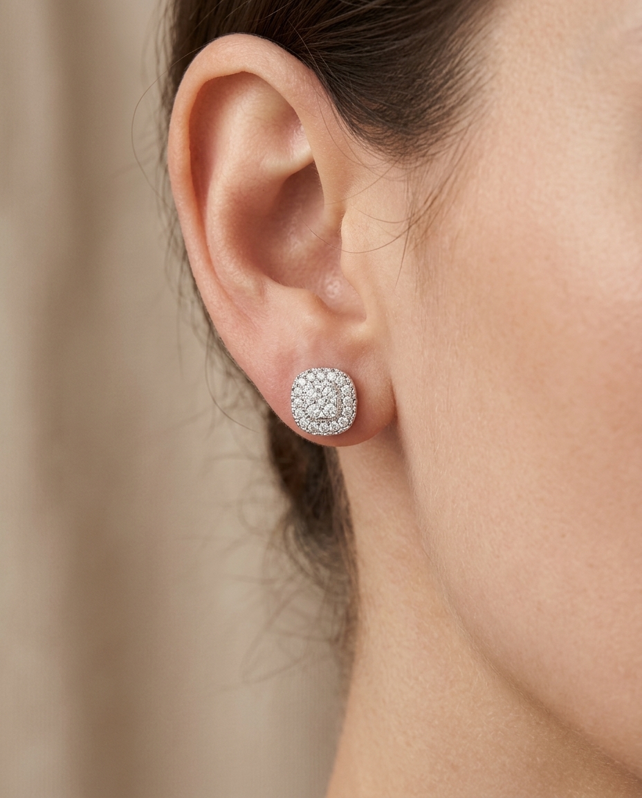 14KT White Gold Diamond Square Earring view 2