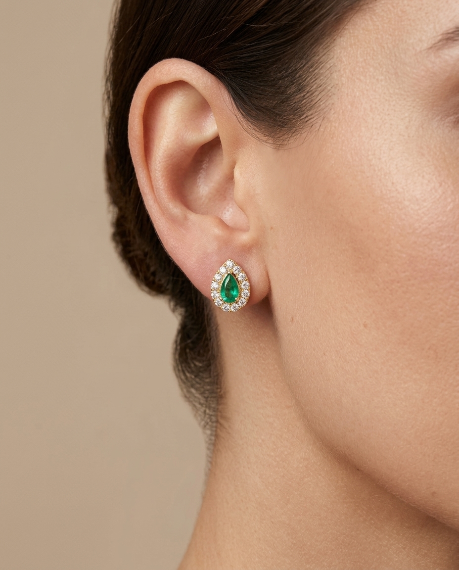 14KT Yellow Gold Emerald and Diamonds Pear Shape Earring on model