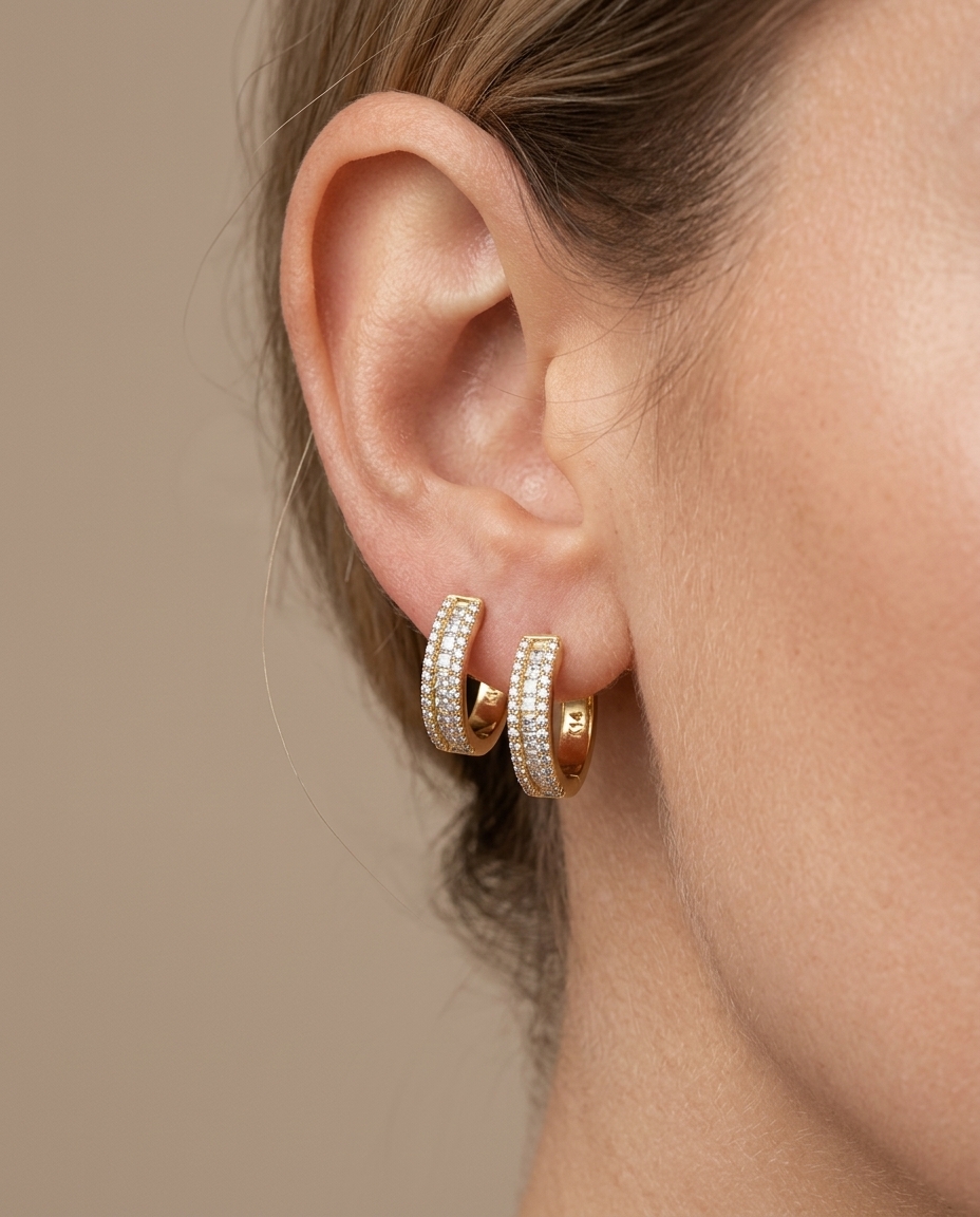 14KT Gold Diamond Huggies 12 MM on model