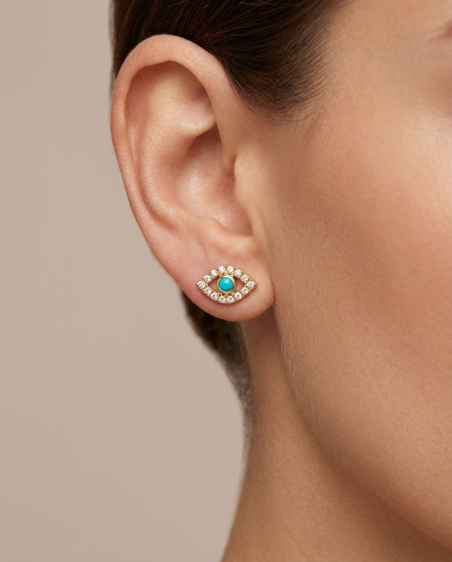 14KT Diamond and Turquoise Evil Eye Studs view 2