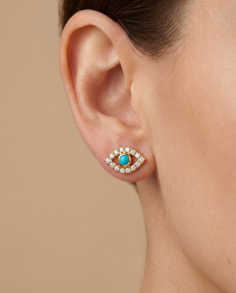 14KT Diamond and Turquoise Evil Eye Studs on model