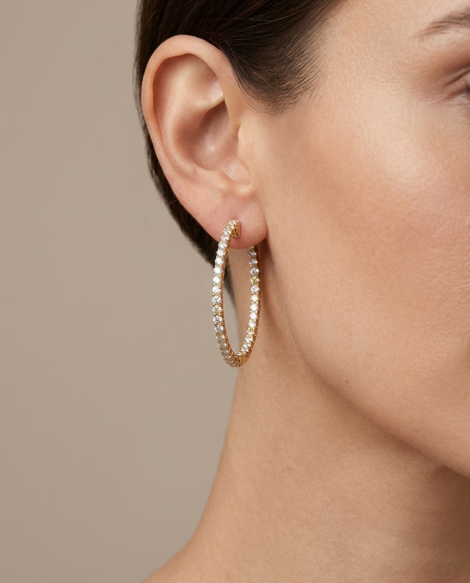 14KT Gold Diamond Hoop Earrings on model