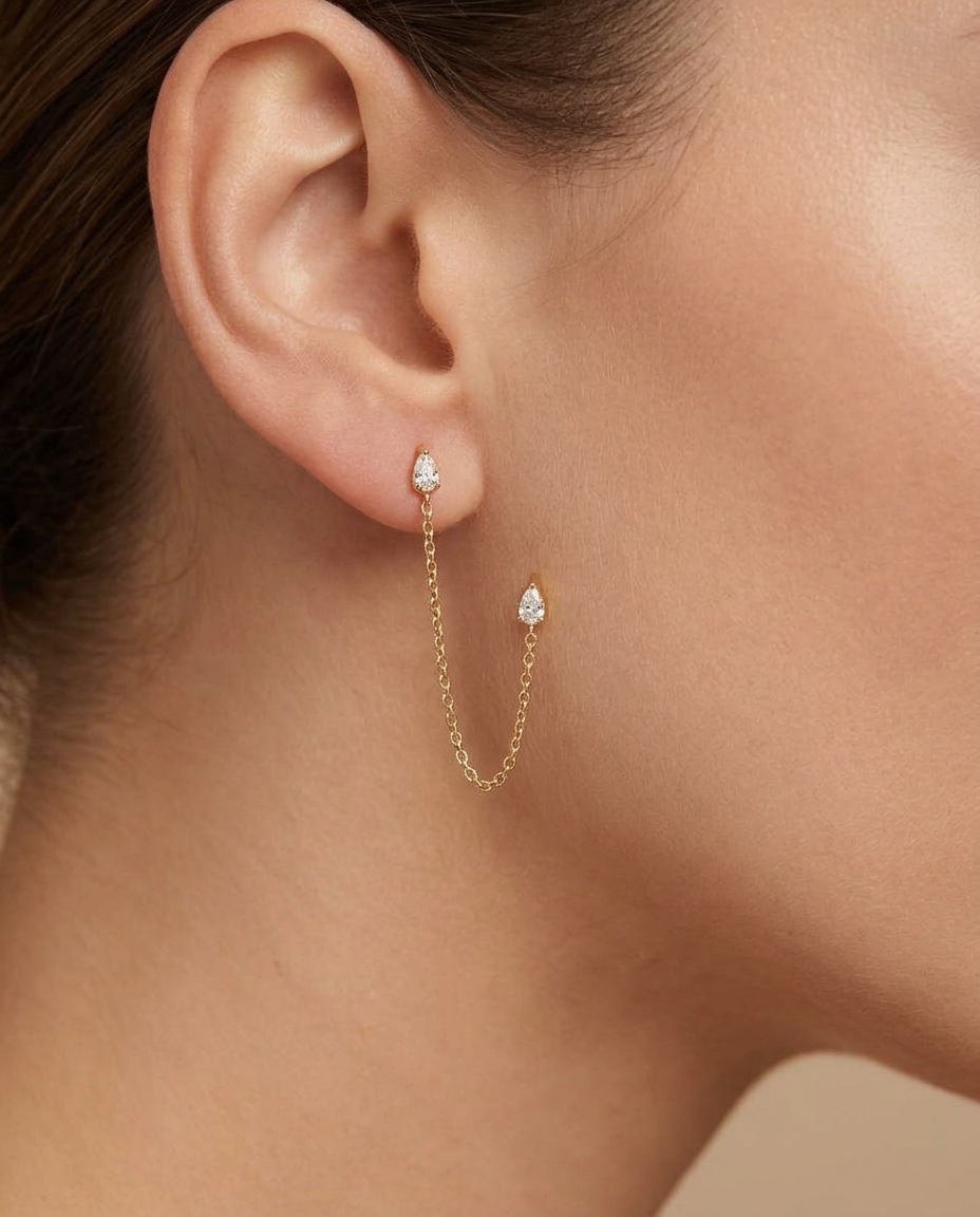 14KT Gold Double Stud Chain Earing on model