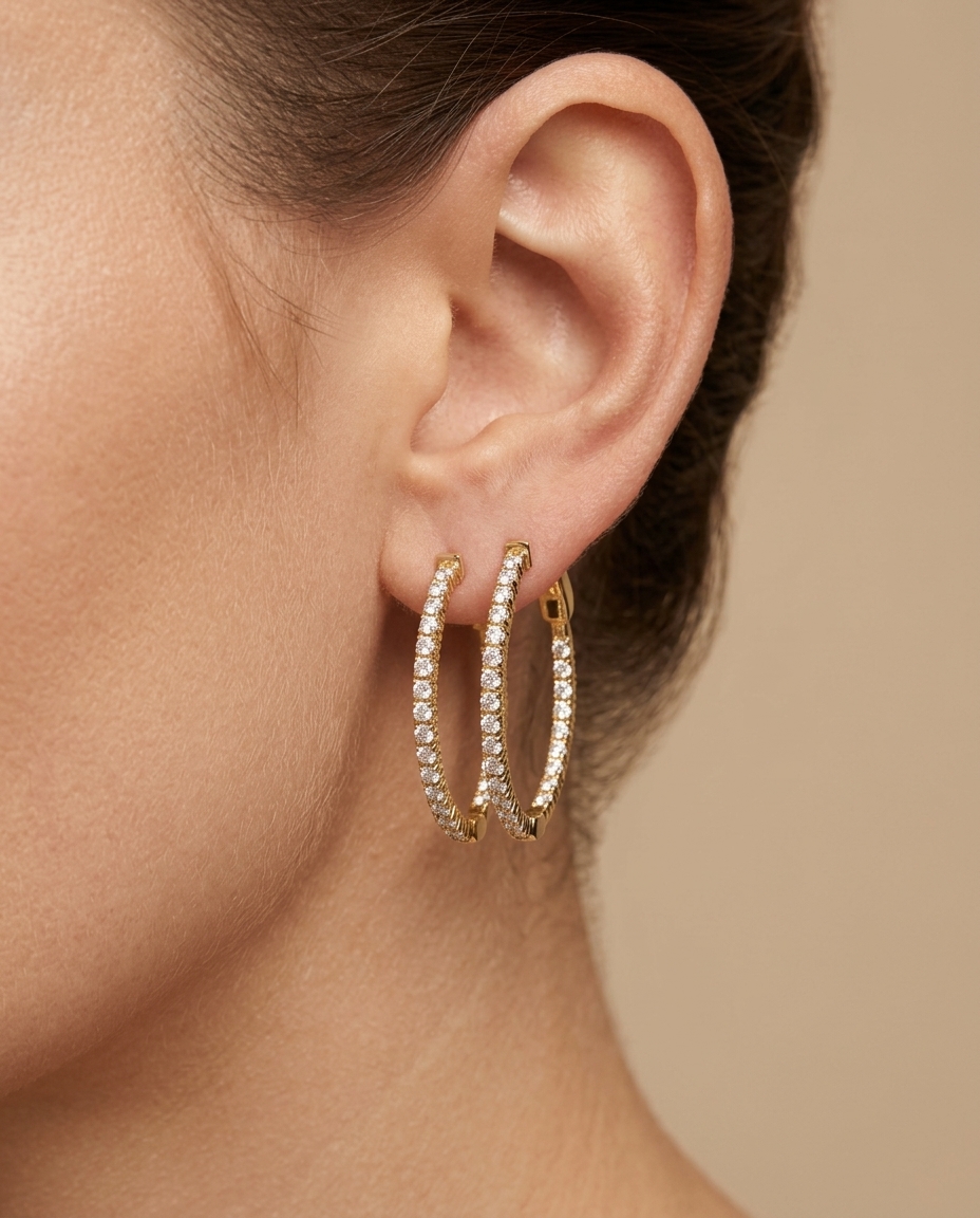 14KT Gold Diamond Hoop Earring on model