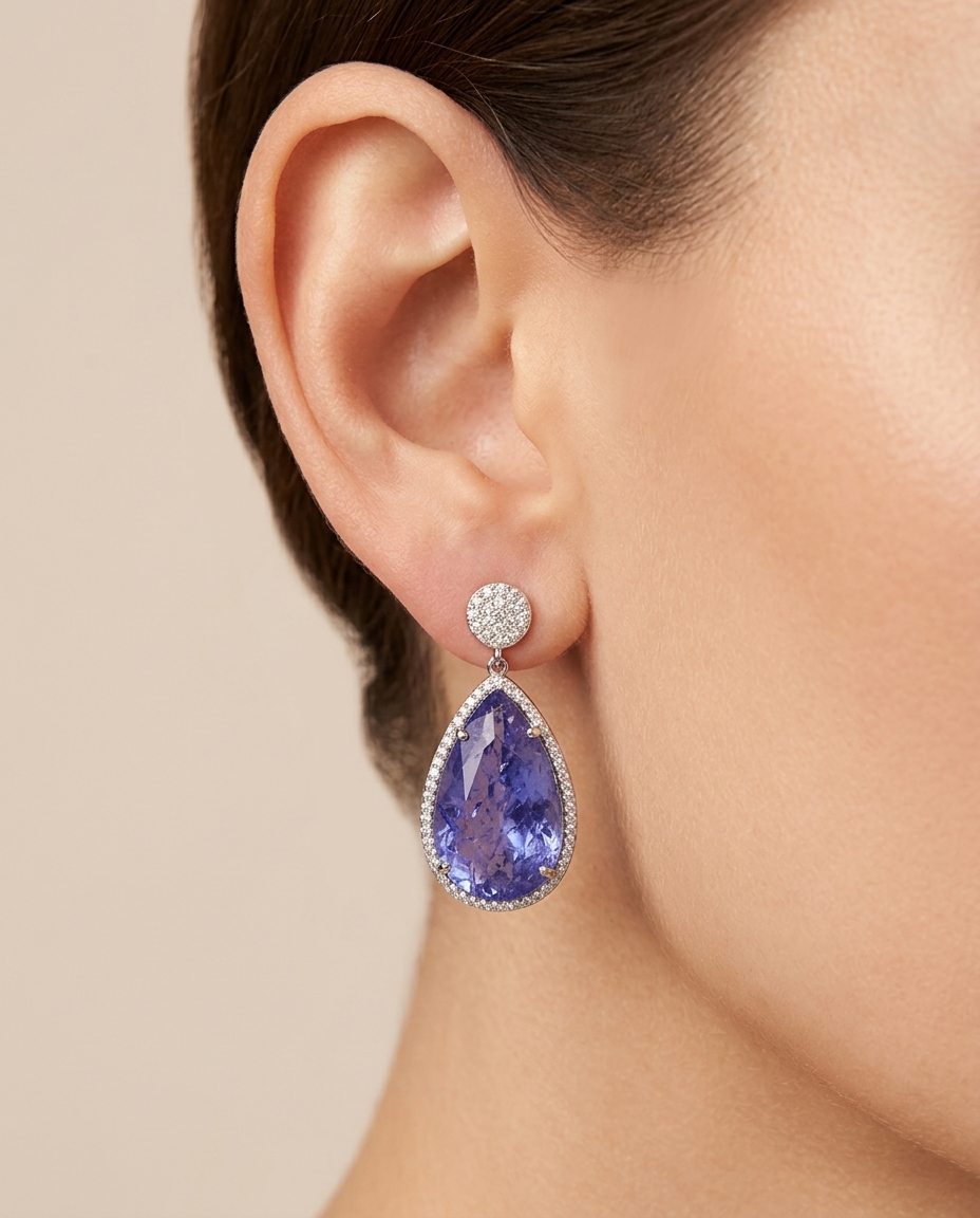 14KT White Gold Tanzanite and Diamonds Earring view 2
