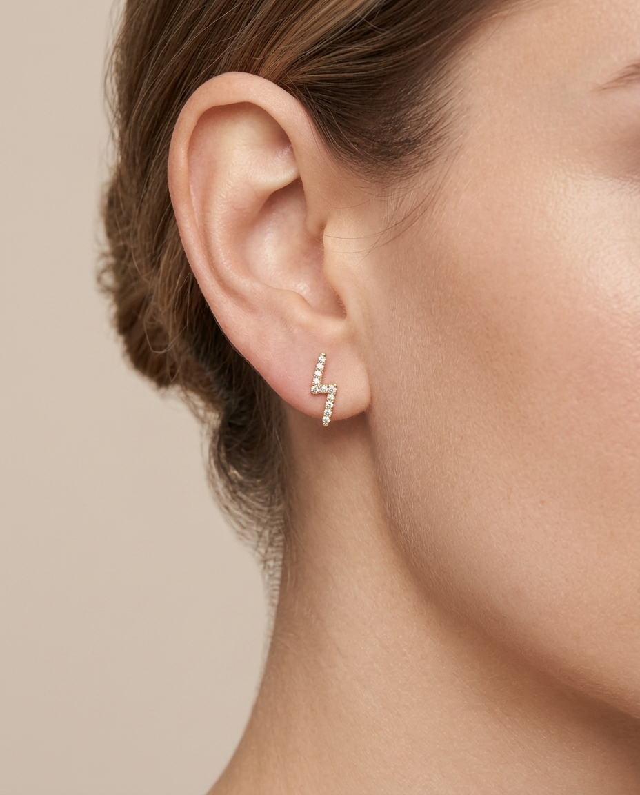 14KT Yellow Gold Diamond Lighting Bolt Earring on model