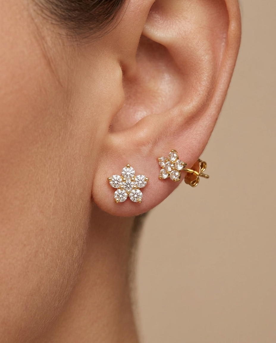 Diamond Flower Shape Ear Studs on model