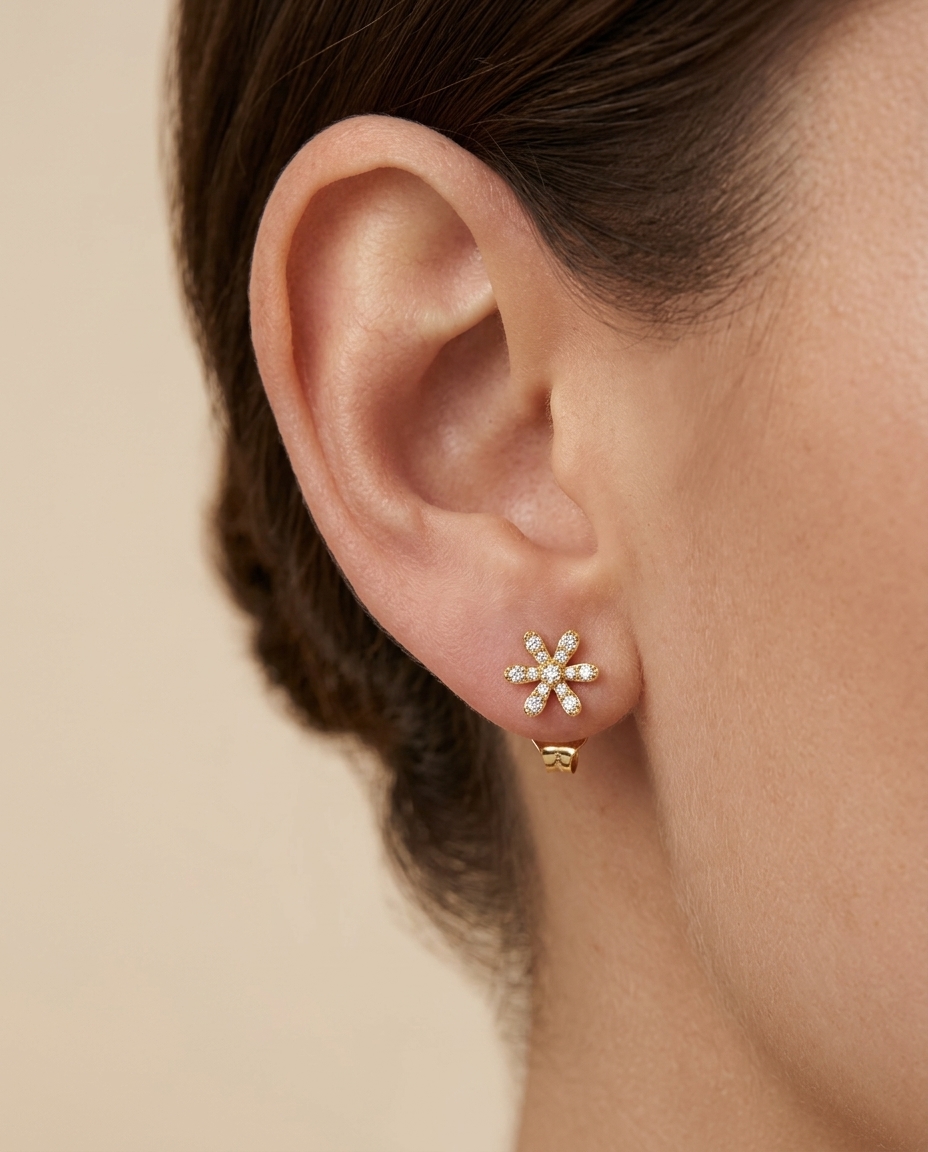 14KT Gold Diamond Flower Shape Ear Studs on model