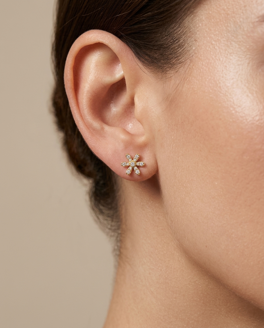 14KT Gold Diamond Flower Shape Ear Studs on model