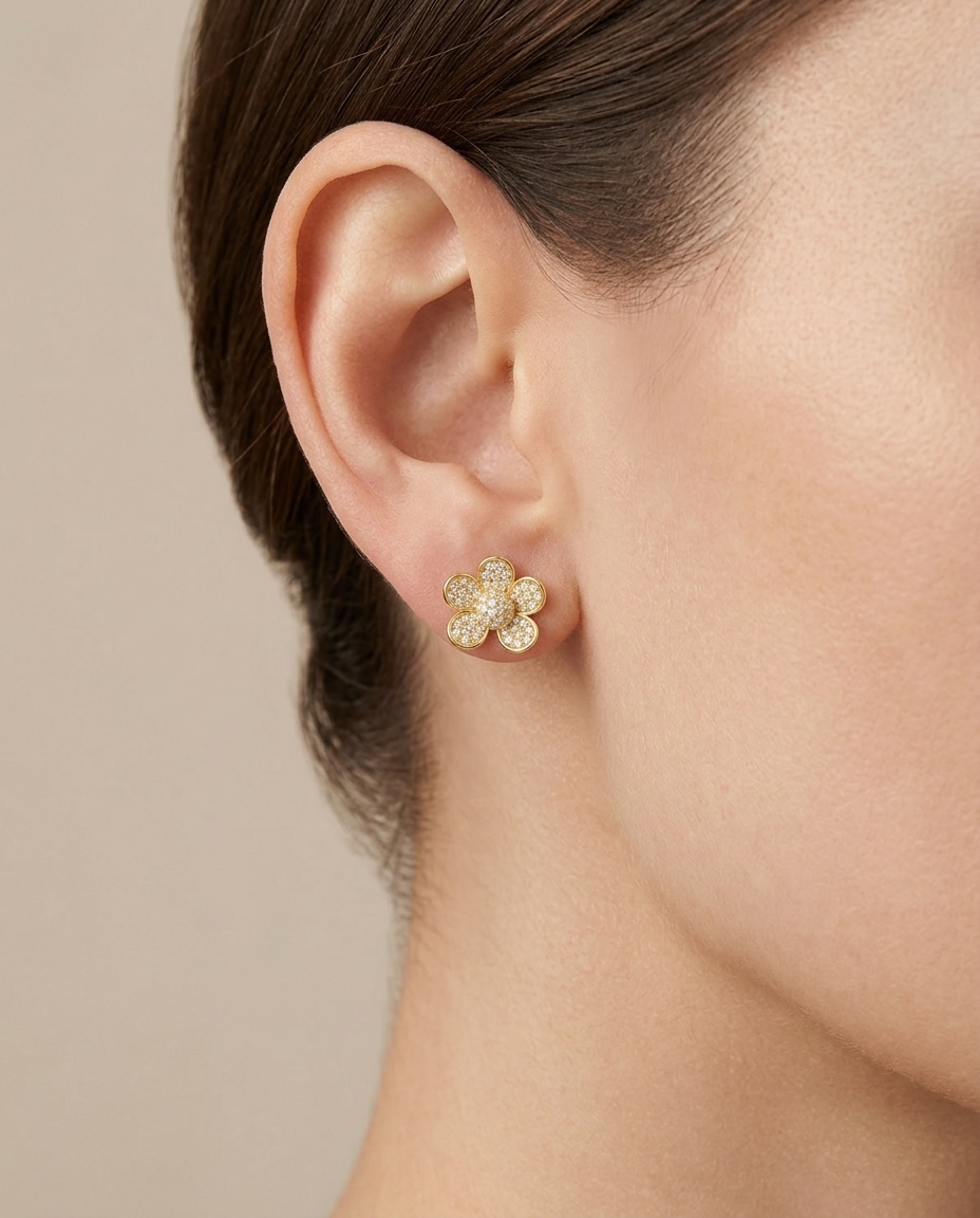 14KT Gold Diamond Flower Earring on model