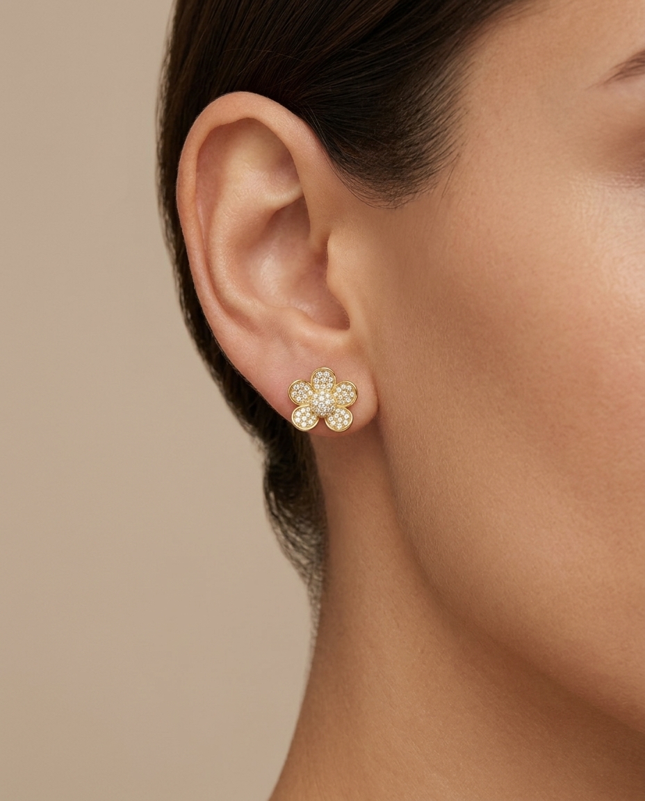 14KT Gold Diamond Flower Earring view 2
