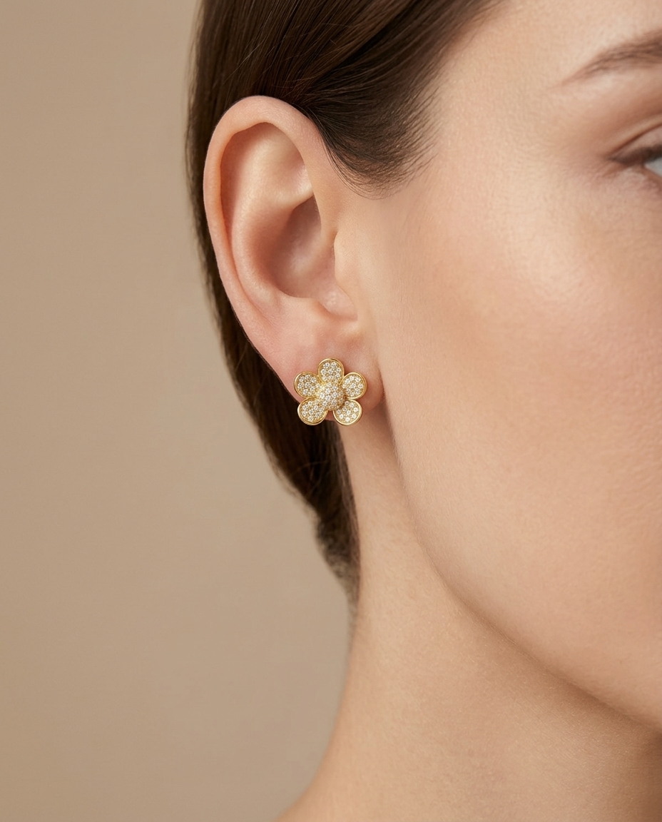 14KT Gold Diamond Flower Earring view 2