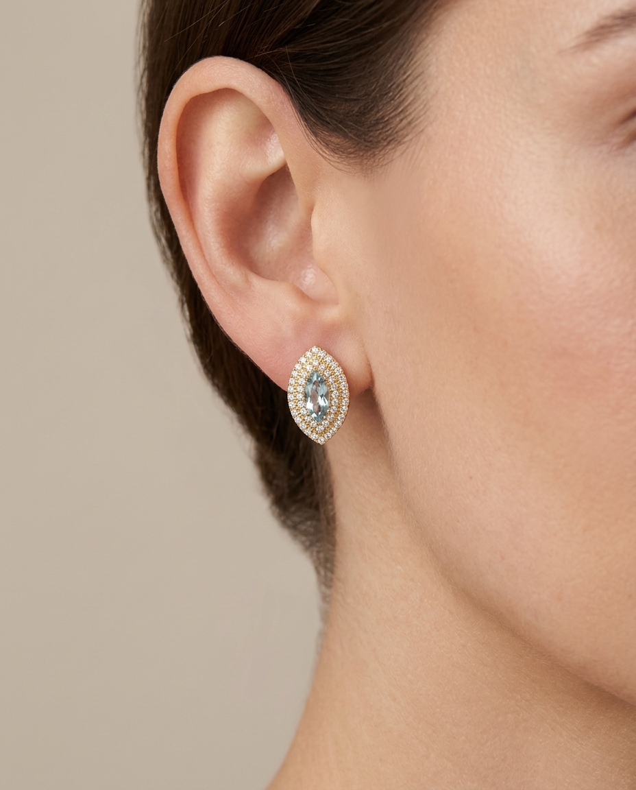14KT Gold Aquamarine with Diamonds Earring on model