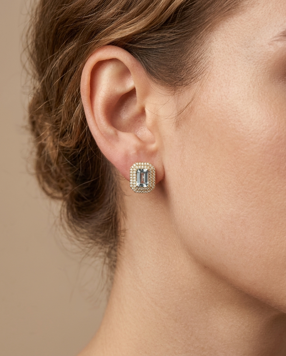 14KT Gold Aquamarine and Diamonds Stud Earring view 2