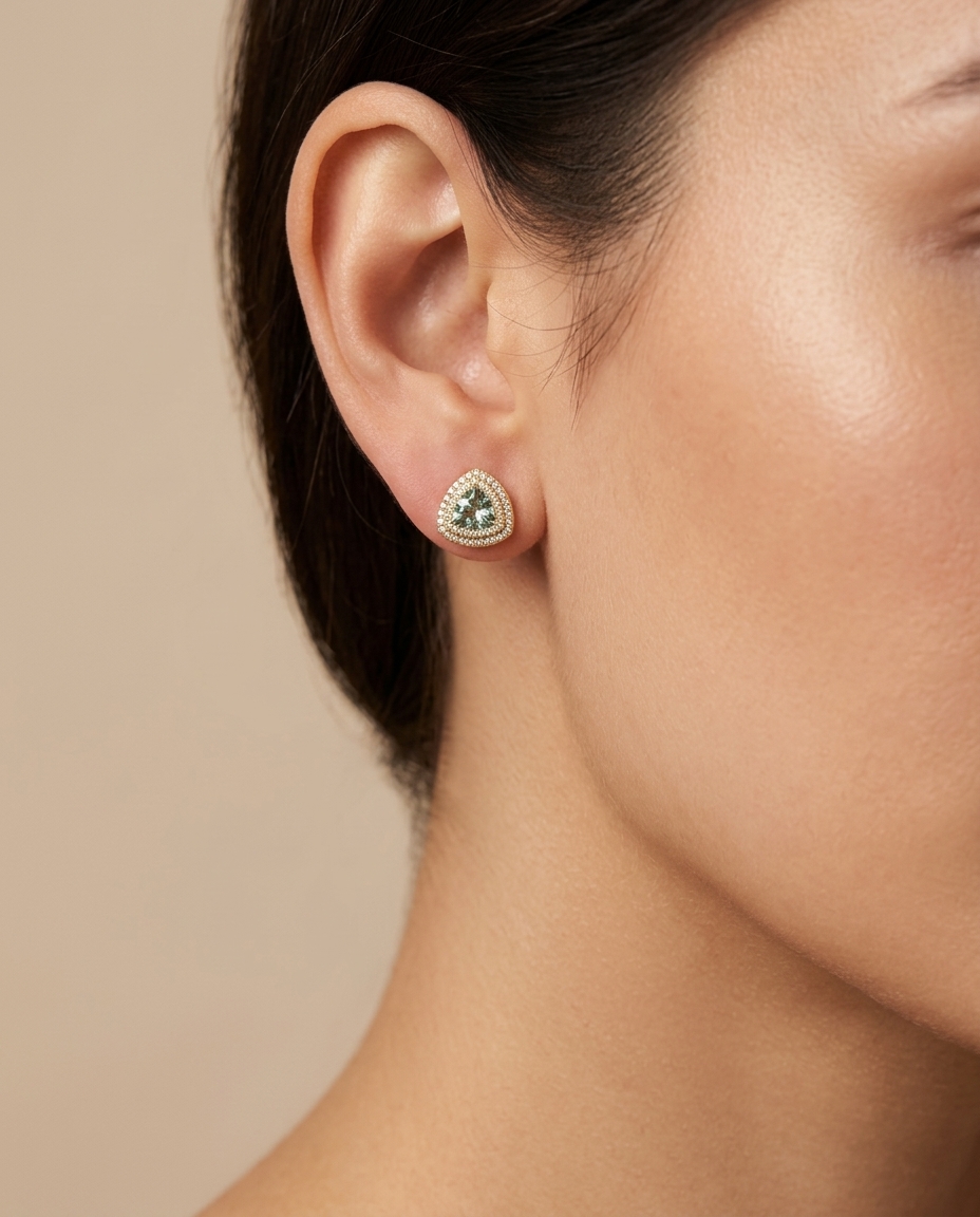 14KT Gold Aquamarine and Diamonds Stud Earring on model