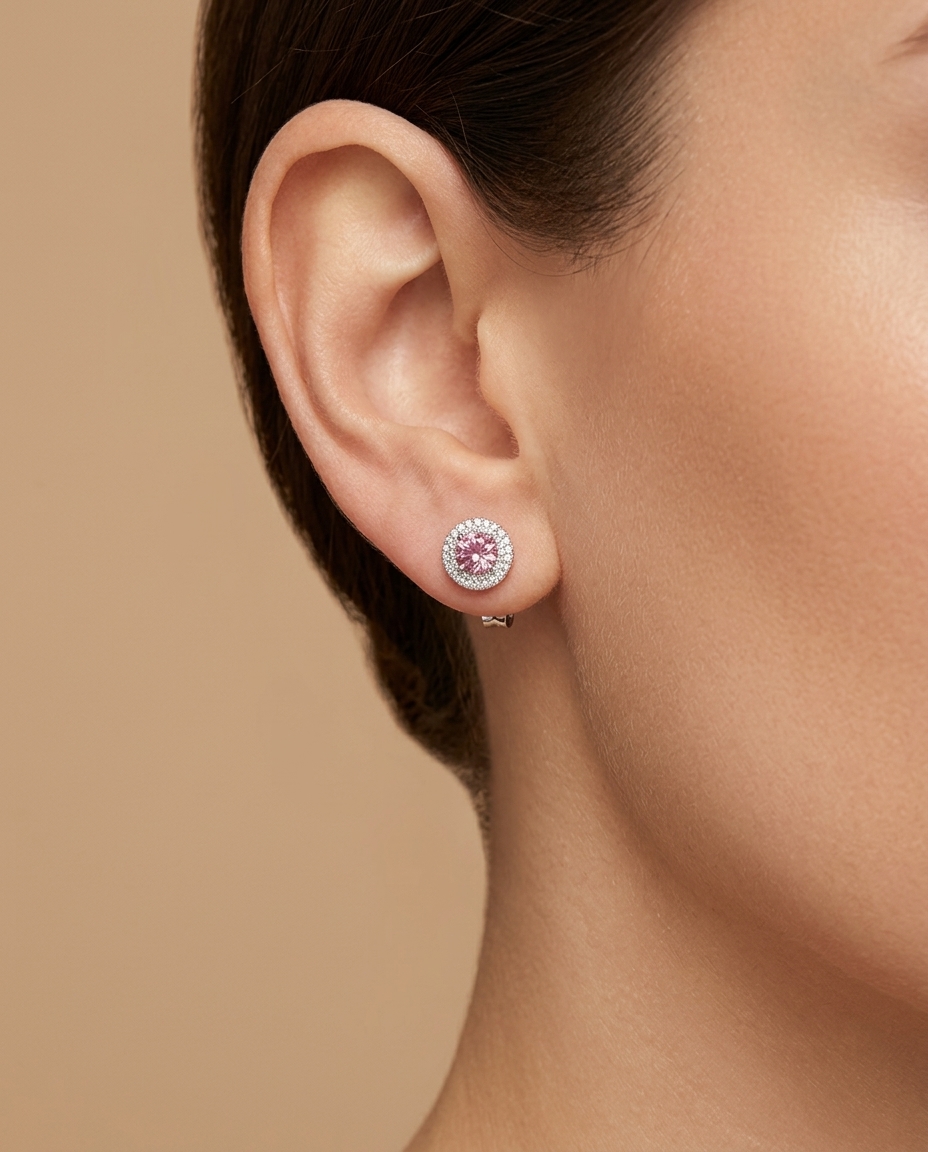 14KT White Gold Pink Tourmaline and Diamonds Stud Earring on model