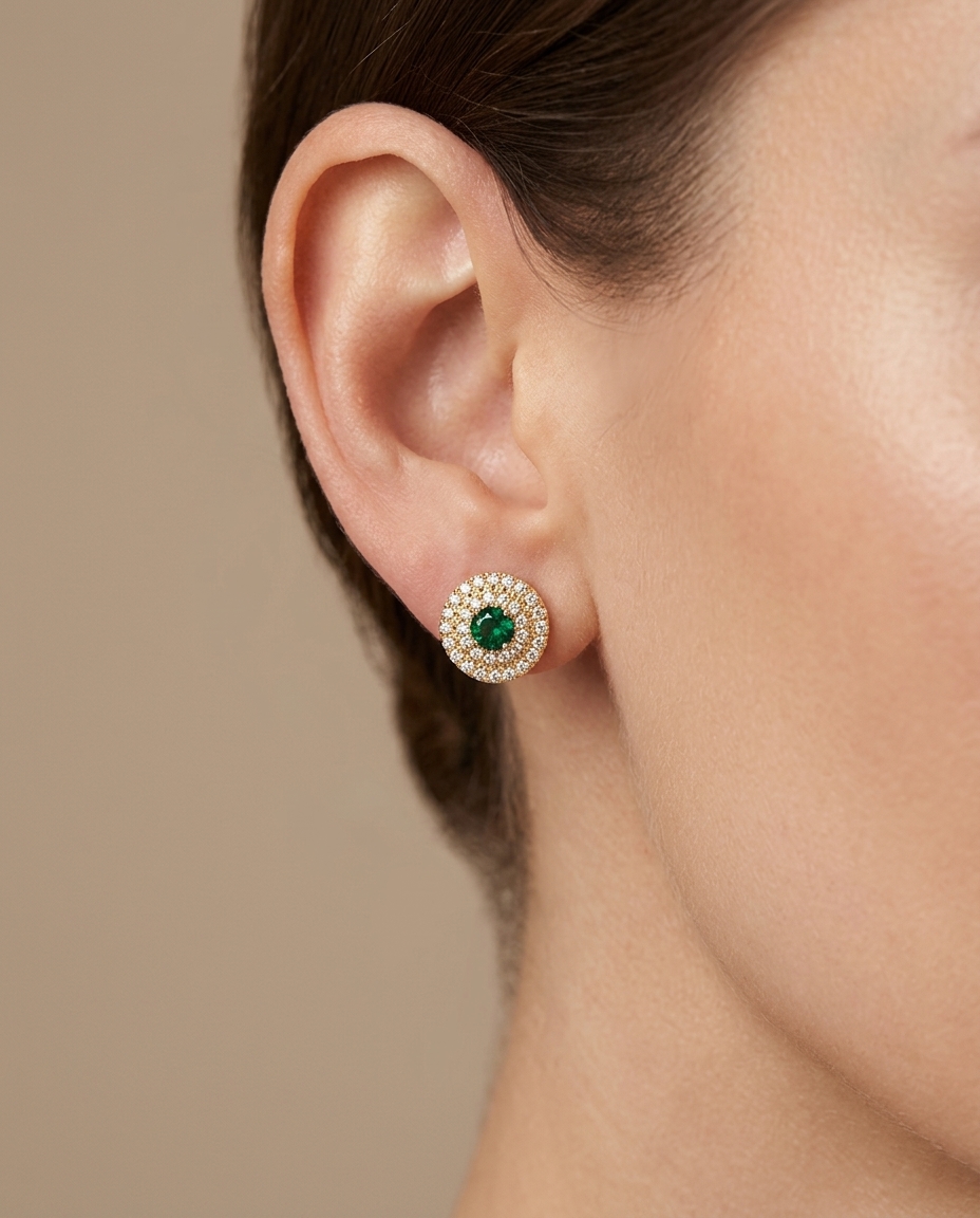 14KT Gold Emerald and Diamonds Earring on model