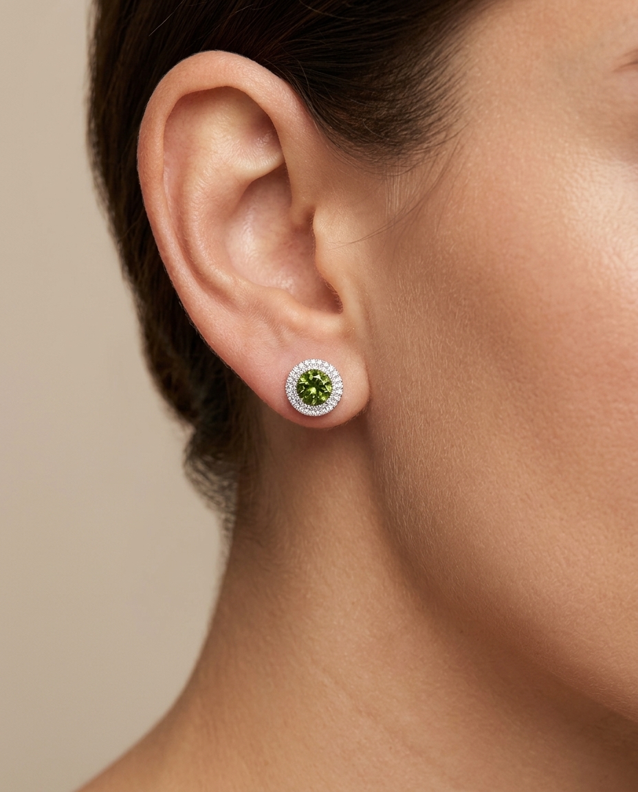 14KT White Gold Green Tourmaline and Diamonds Earring on model