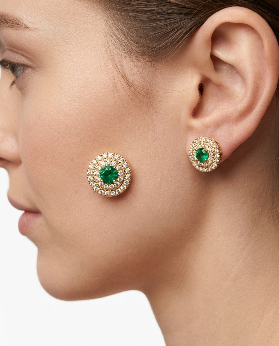 14KT Gold Emerald and Diamonds Earring on model