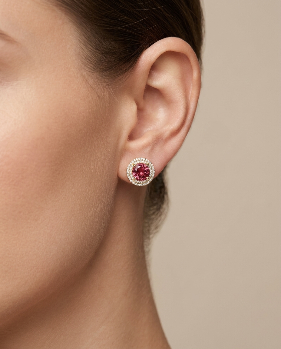 14KT Yellow Gold Hot Pink Tourmaline and Diamonds Earring on model