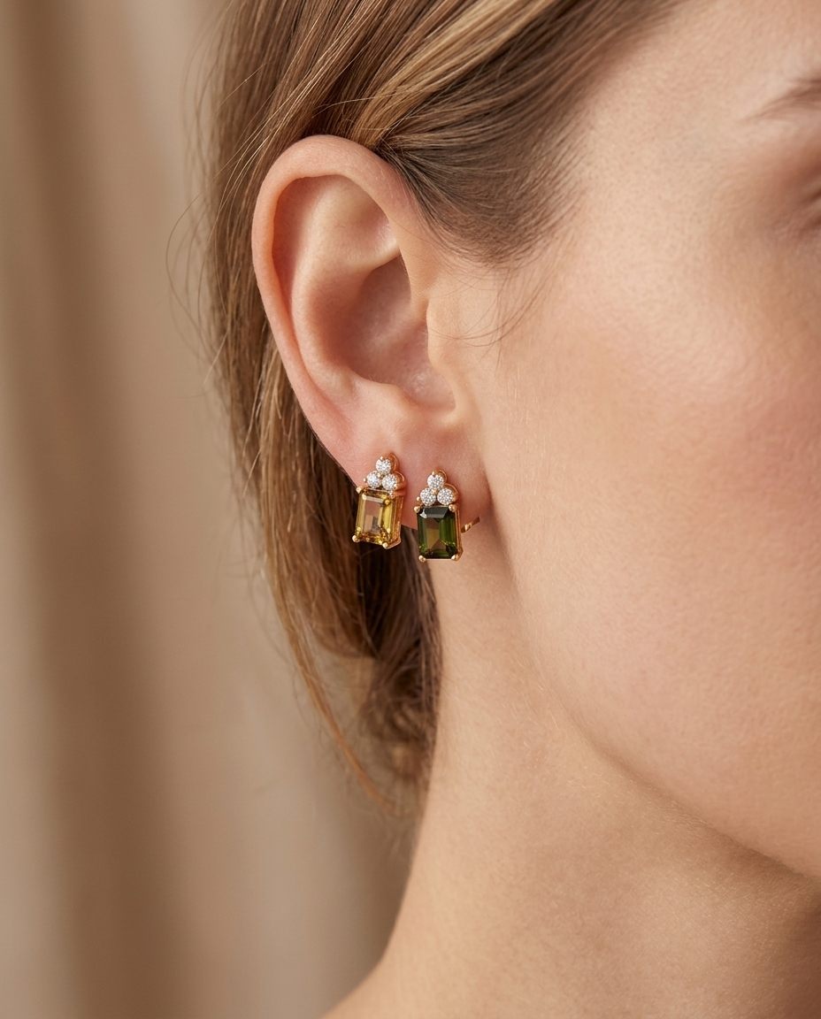 14KT Gold Green Tourmaline with Diamonds Earring on model