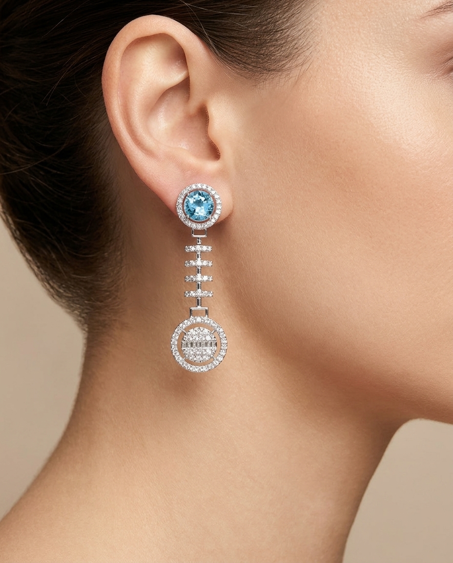 14KT White Gold Aquamarine and Diamonds Earring view 2