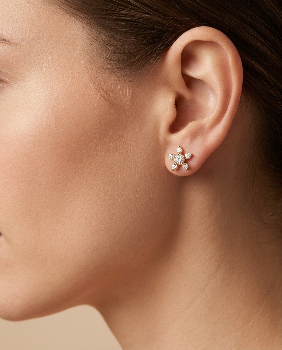 14KT Gold Star / Flower Diamond Earring view 2
