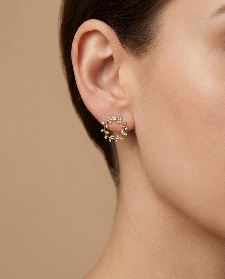 14KT Yellow Gold Diamond Star Earring Studs on model