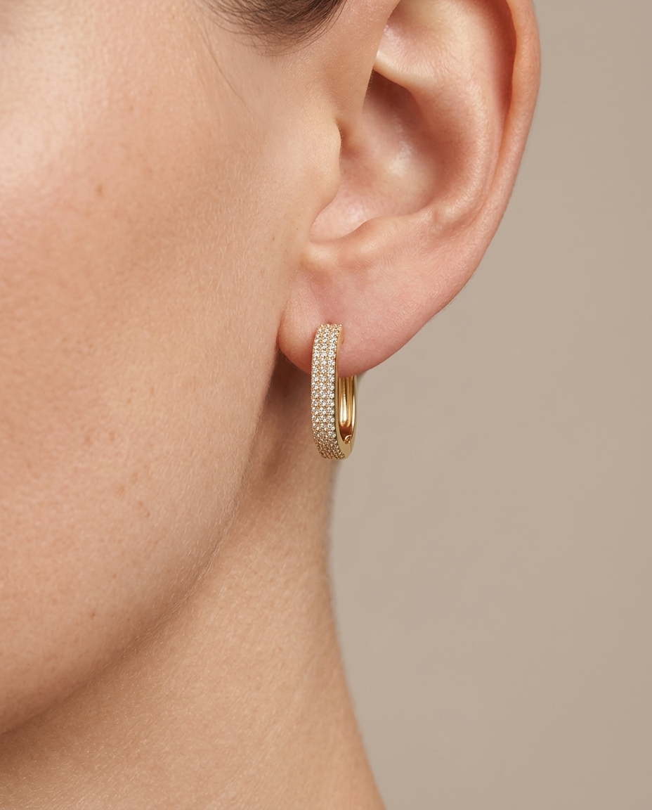 14KT Gold Diamond Hoop Earring on model