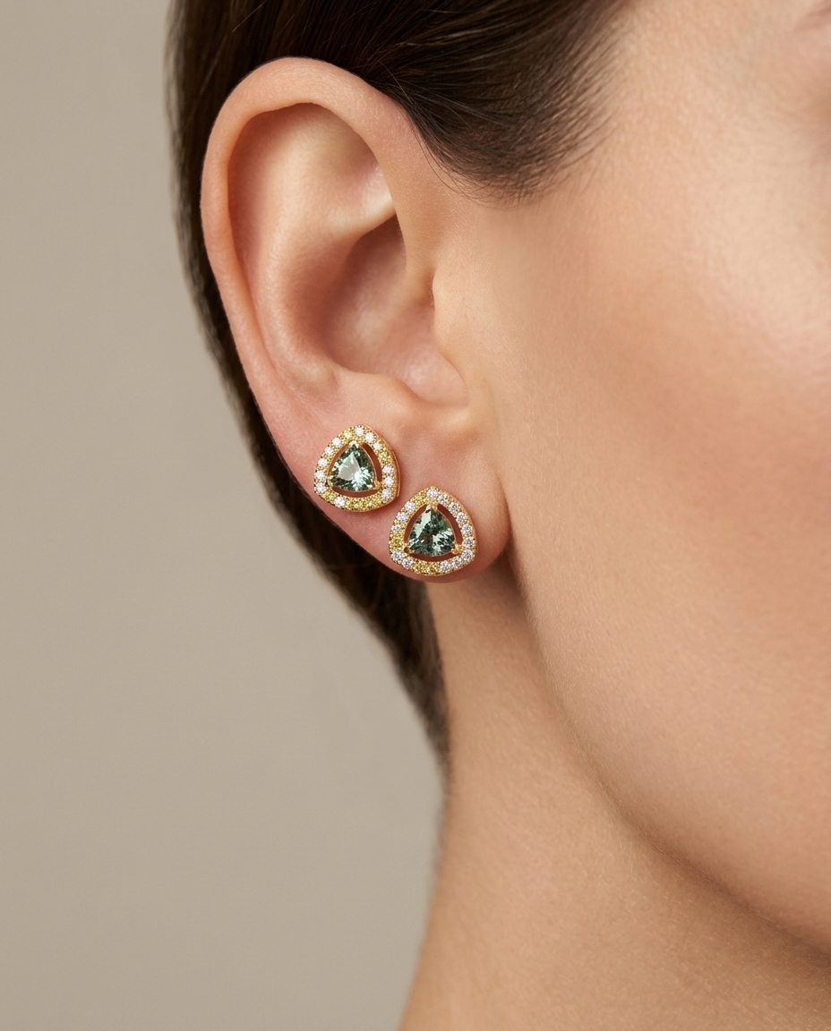 14KT Gold Aquamarine and Diamonds Stud Earring on model