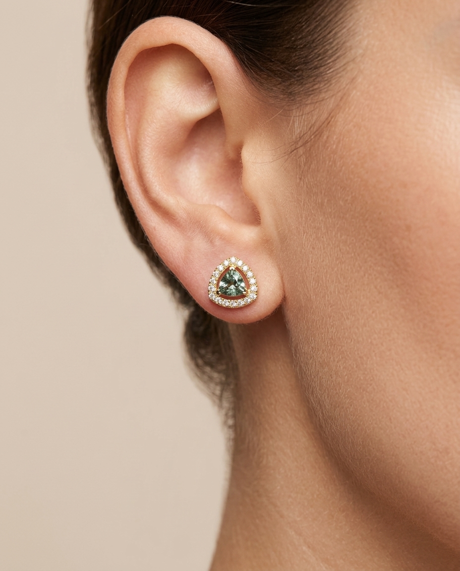 14KT Gold Aquamarine and Diamonds Stud Earring on model