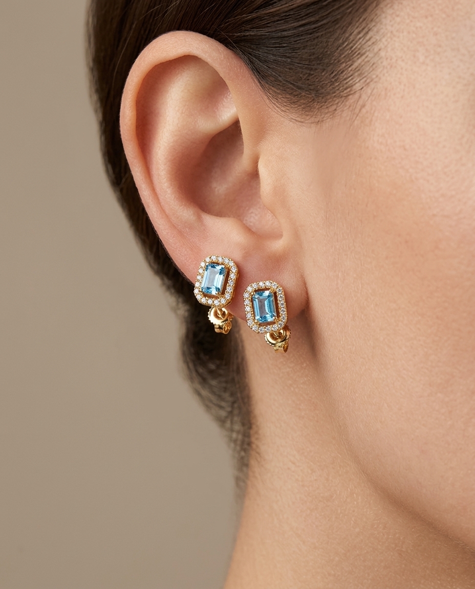 14KT Gold Aquamarine and Diamonds Stud Earring view 2