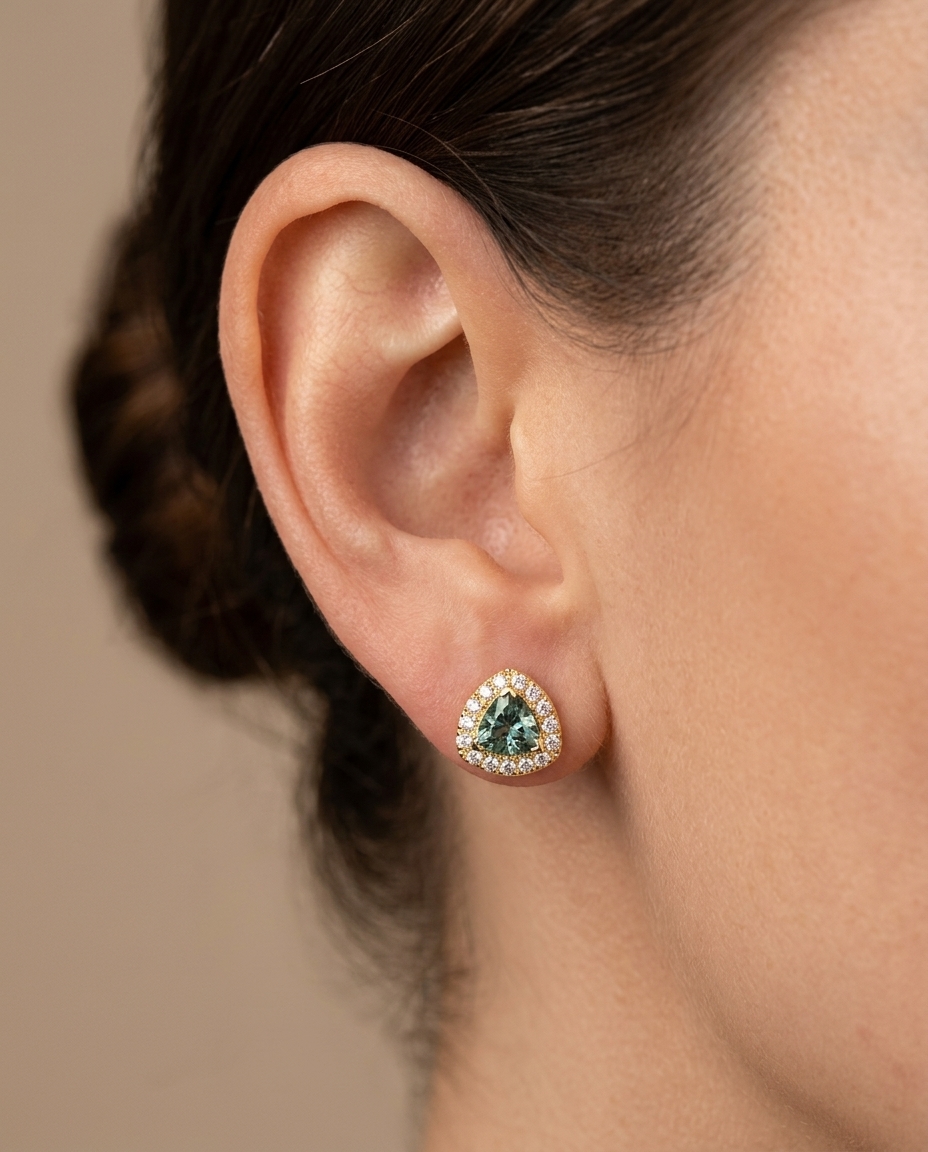 14KT Gold Aquamarine and Diamonds Stud Earring on model