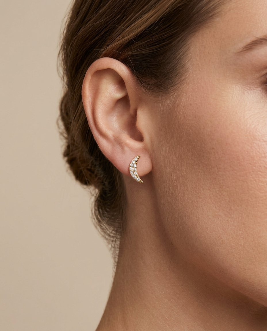 14KT Gold Half Moon Diamond Earring on model