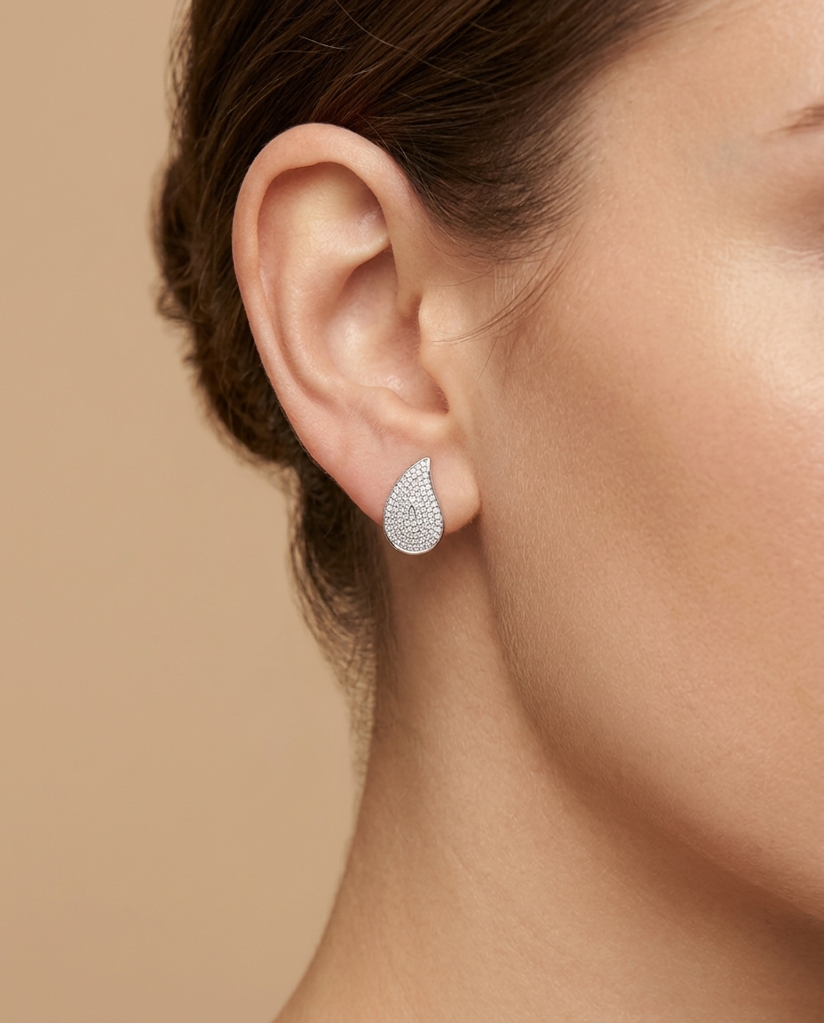 14KT White Gold Diamond Earring on model