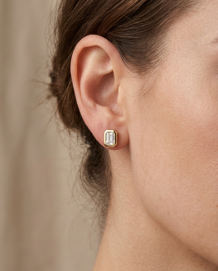 Diamond Baguette Bezeled Ear Studs view 2