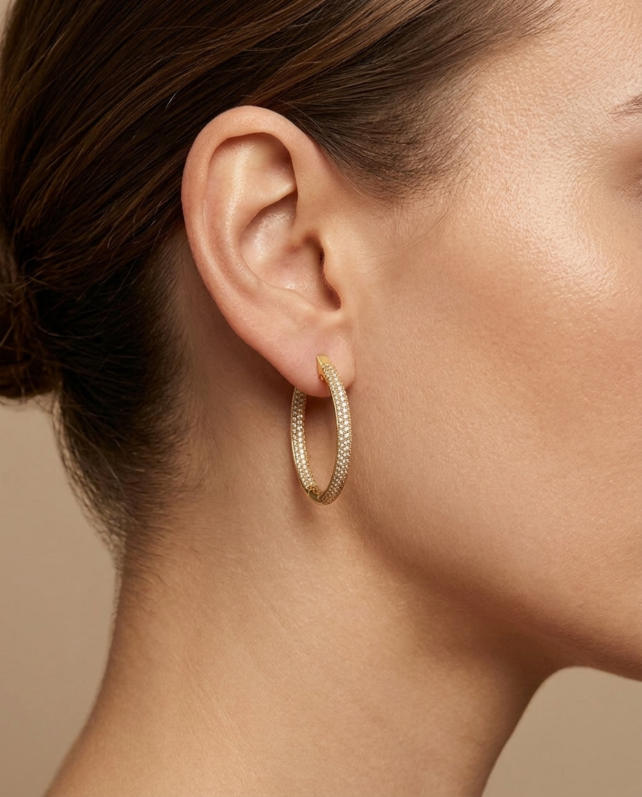 14KT Gold Diamond Hoop Earring on model