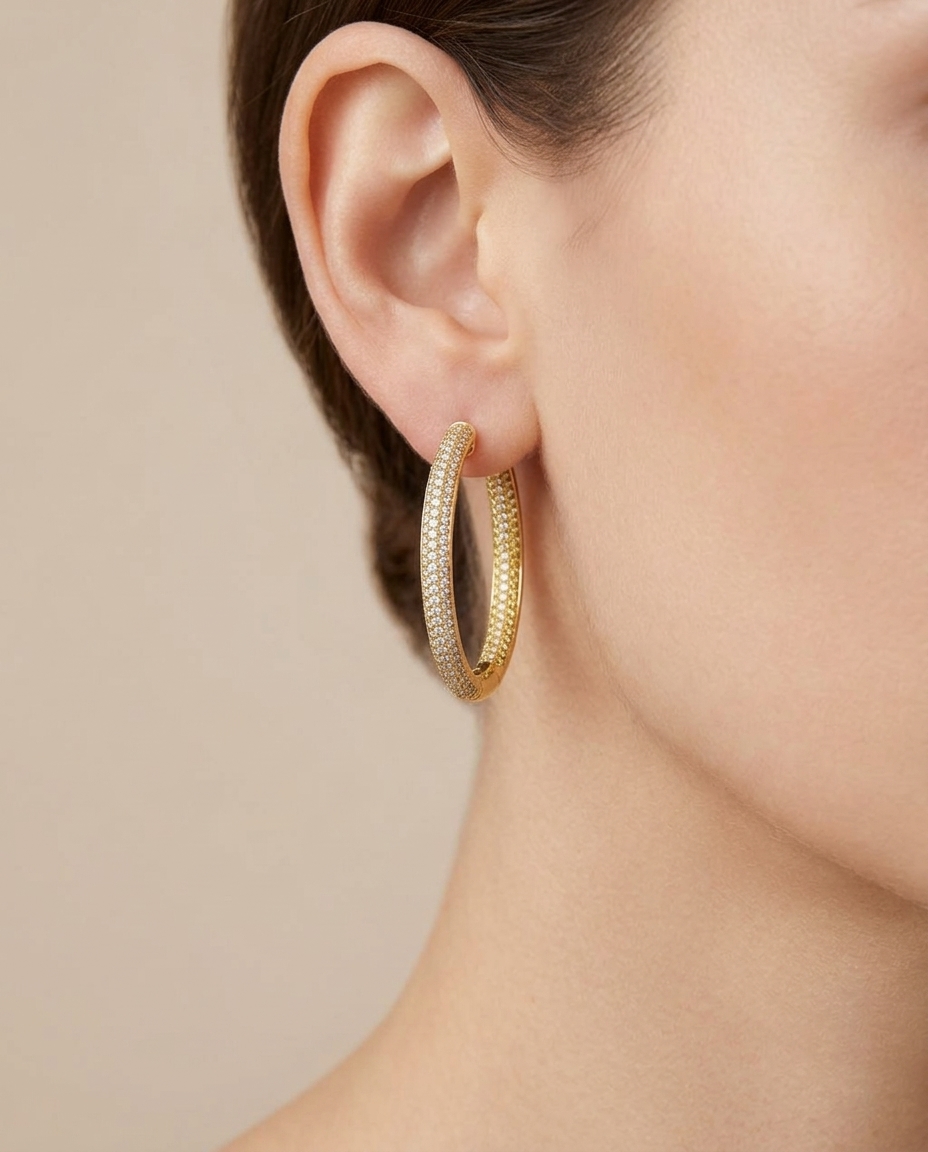14KT Gold Diamond Hoop Earring on model