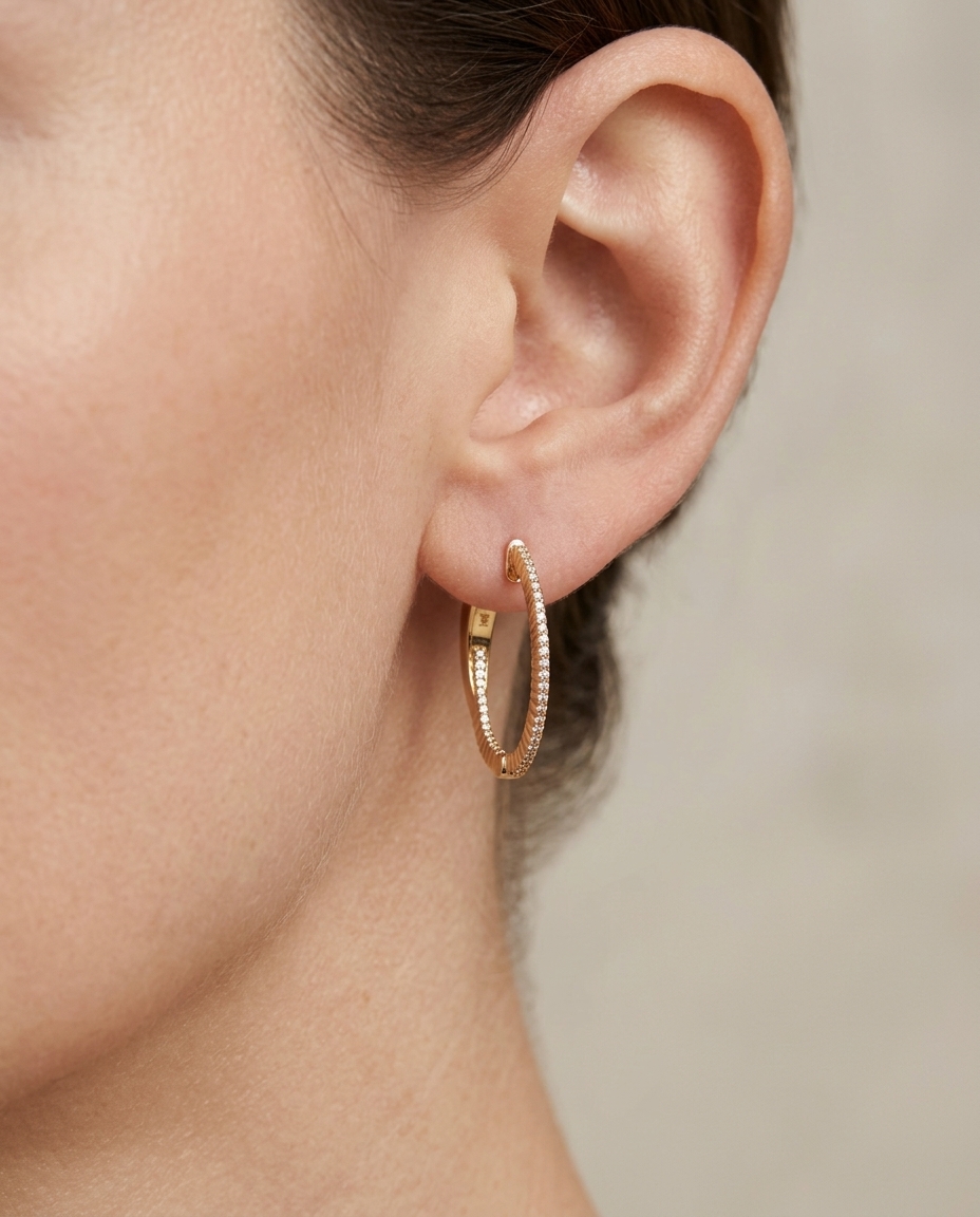 14KT Yellow Gold Diamond Hoop Earring on model