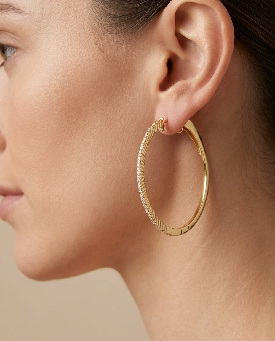 14KT Gold Diamond Hoop Earrings on model