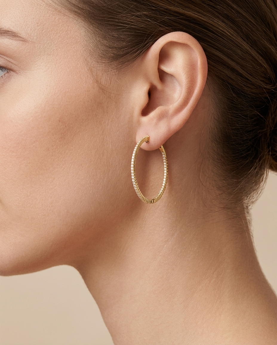 14KT Yellow Gold Diamond Hoop Earrings on model
