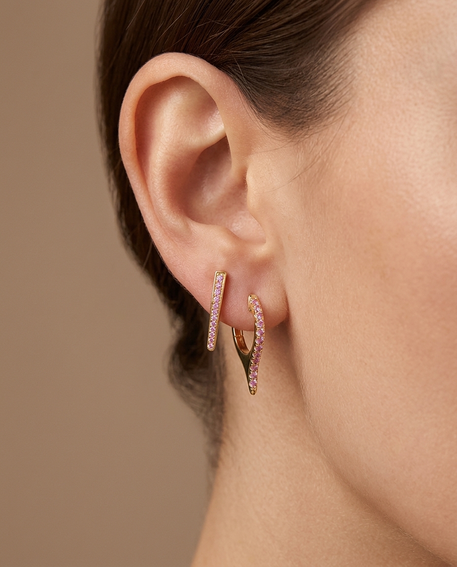 14KT Yellow Gold Pink Sapphire Spike Huggies view 2