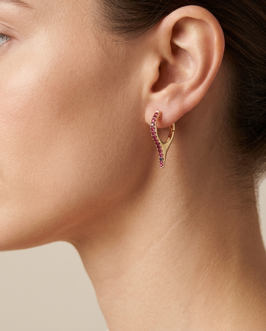 14KT Yellow Gold Ruby Spike Huggies on model