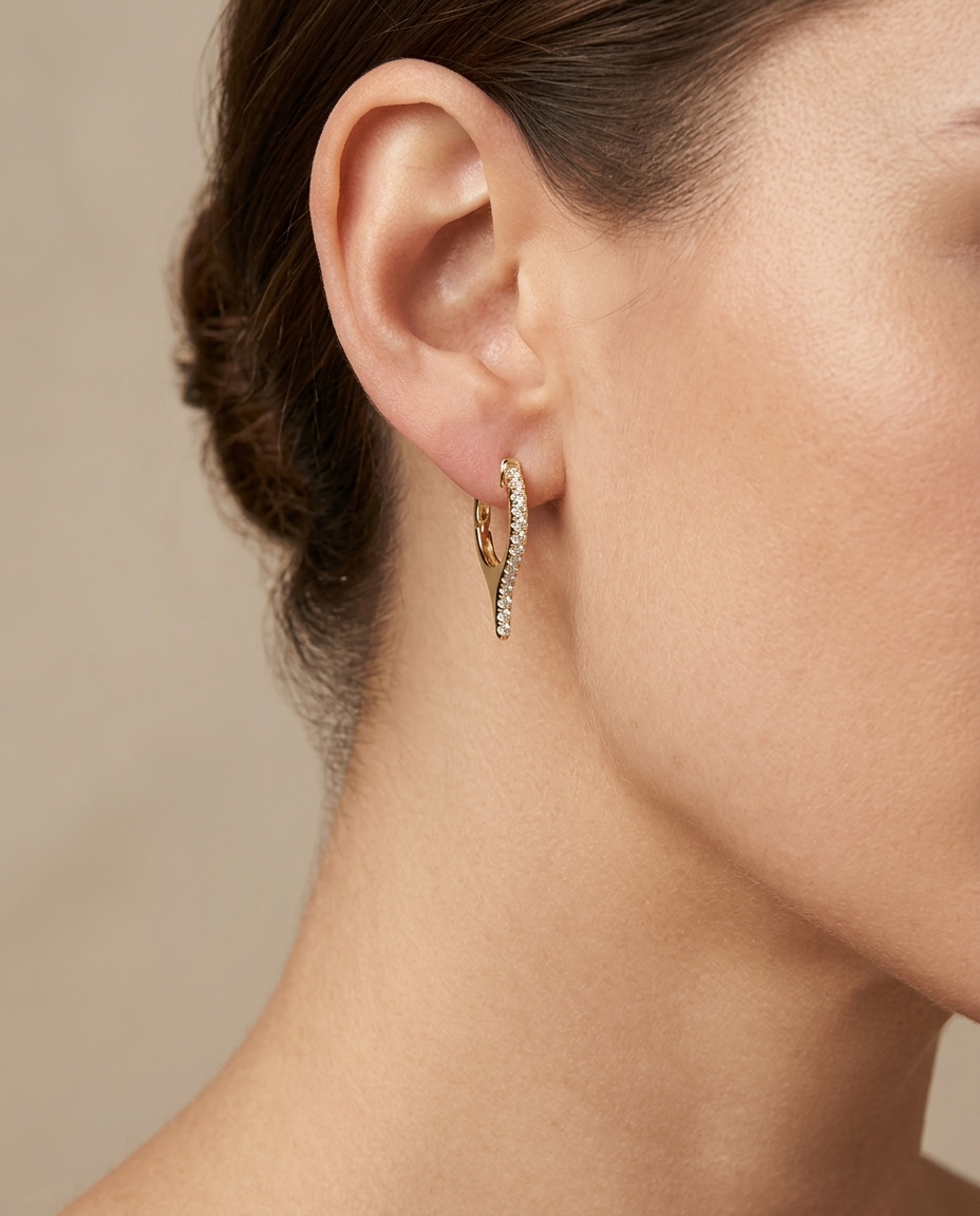 14KT Gold Diamond Spike Huggies on model