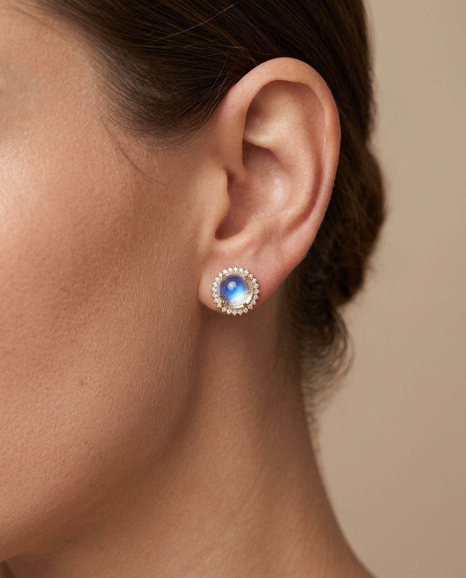 14KT Yellow Gold Rainbow Moonstone Diamond Earring on model