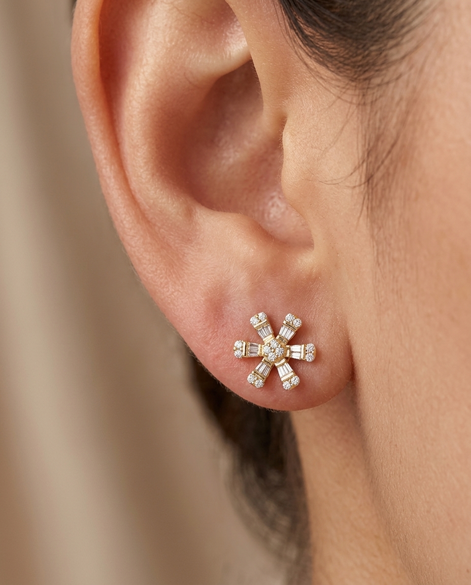 14KT Yellow Gold Flower Earring with Diamonds view 2