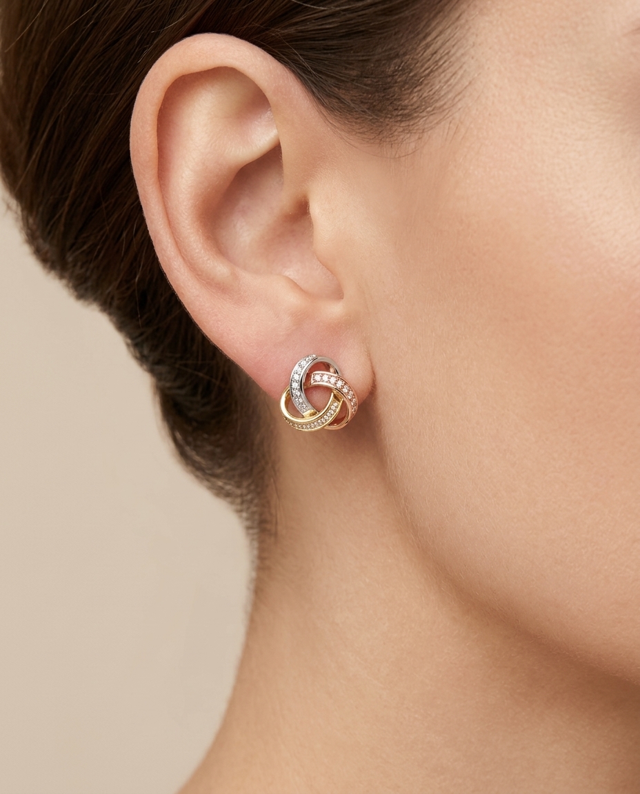 14KT Tri Color Gold Diamonds Stud Earrings view 2